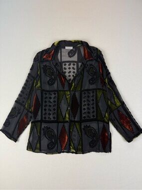 Vintage Whimsy Goth Mesh Top Sheer Velvet Burnout Long Sleeve Boho Fairy Grunge